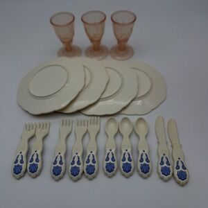 Vintage Little‎ Tikes Toy Dish Set Plates Goblets Utensils Cream Blue Pink 17pc
